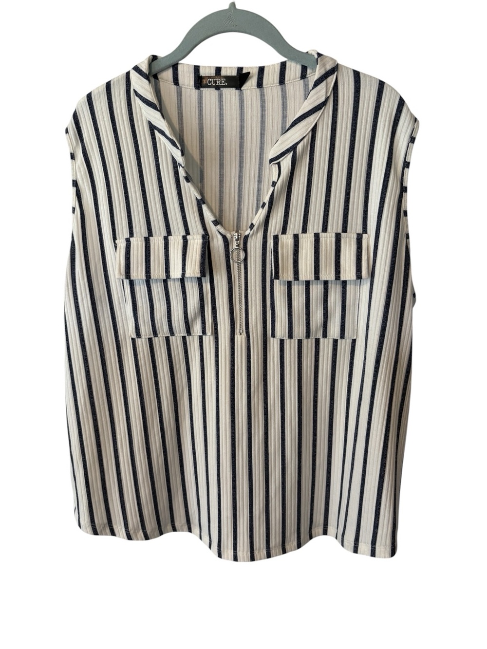CURE Navy & White Striped Zip-Front Sleeveless Blouse
